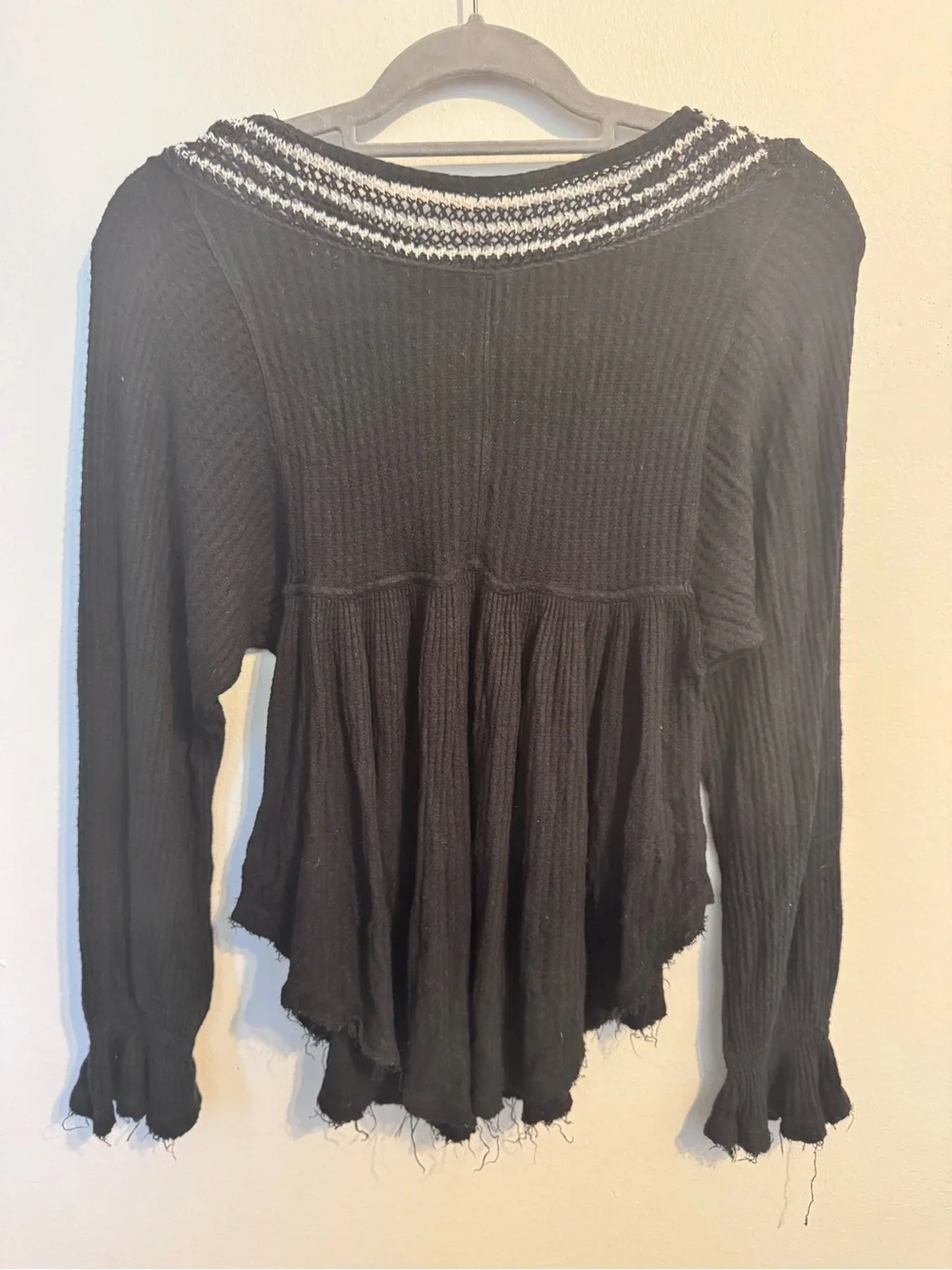 Free People Black & White Crochet Yoke Long Sleeve Top XS
